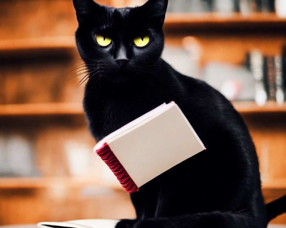 Black Cat with Yellow Eyes Holding Book on Wooden Surface