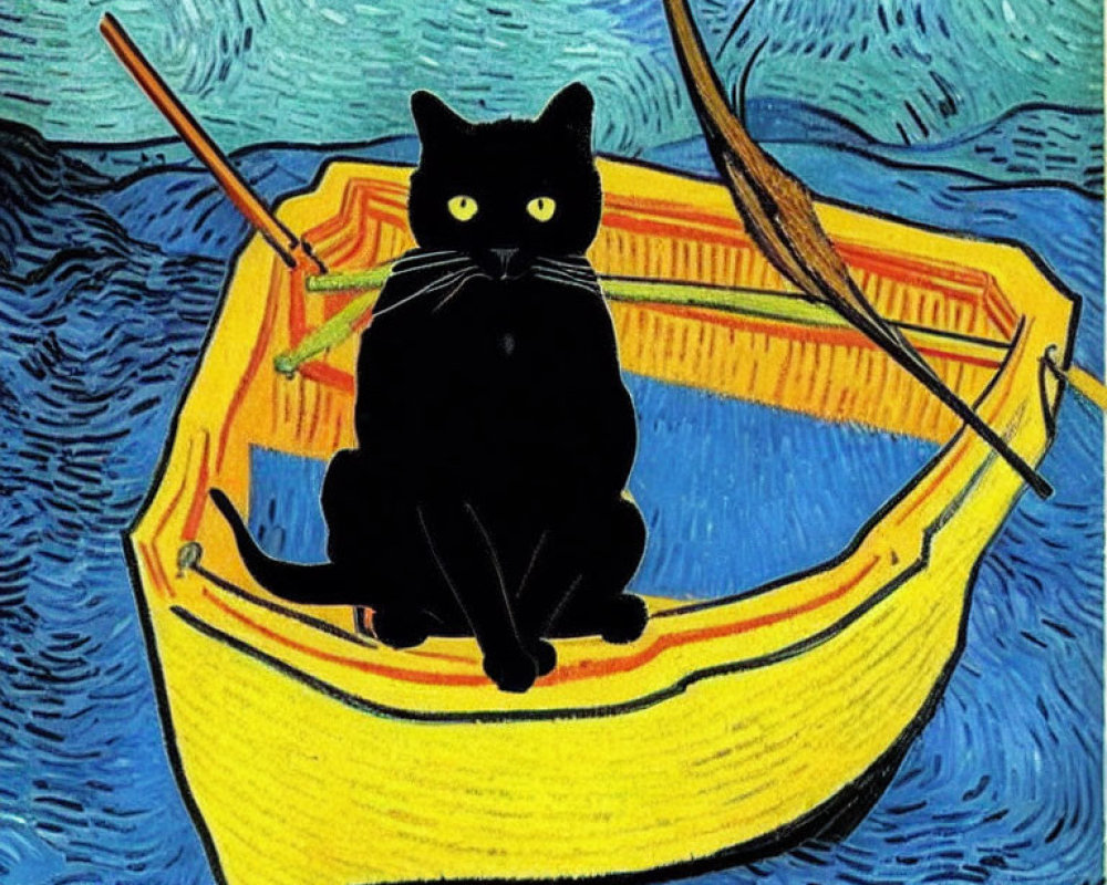 Black cat in yellow boat under starry sky reminiscent of Van Gogh.