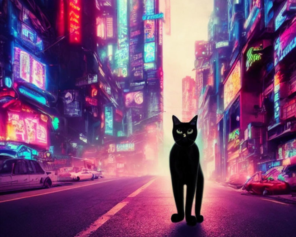 Black cat in neon-lit urban street at dusk