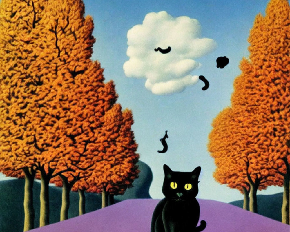 Surrealist landscape with black cat, cloudy shape, and orange trees