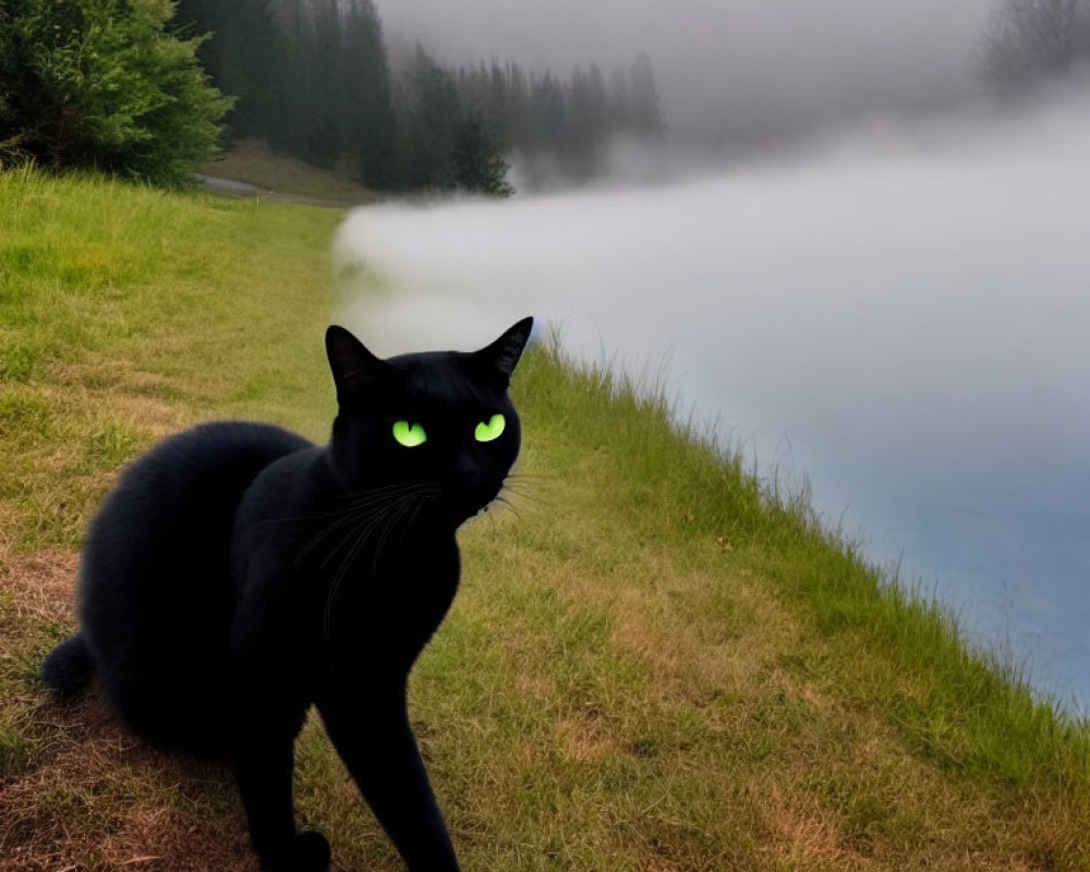 Black cat with green eyes by misty lake on grassy bank