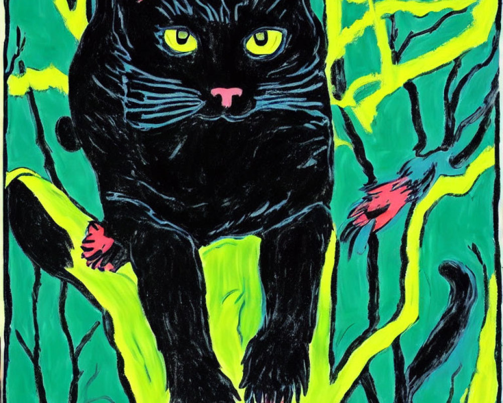 Colorful Painting of Black Cat with Green Eyes on Branch