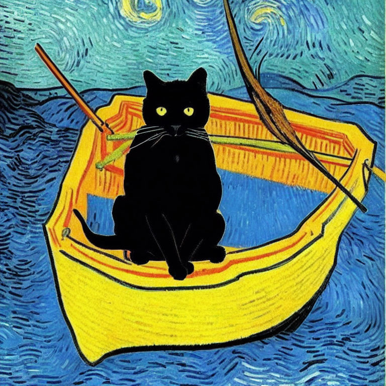 Black cat in yellow boat under starry sky reminiscent of Van Gogh.