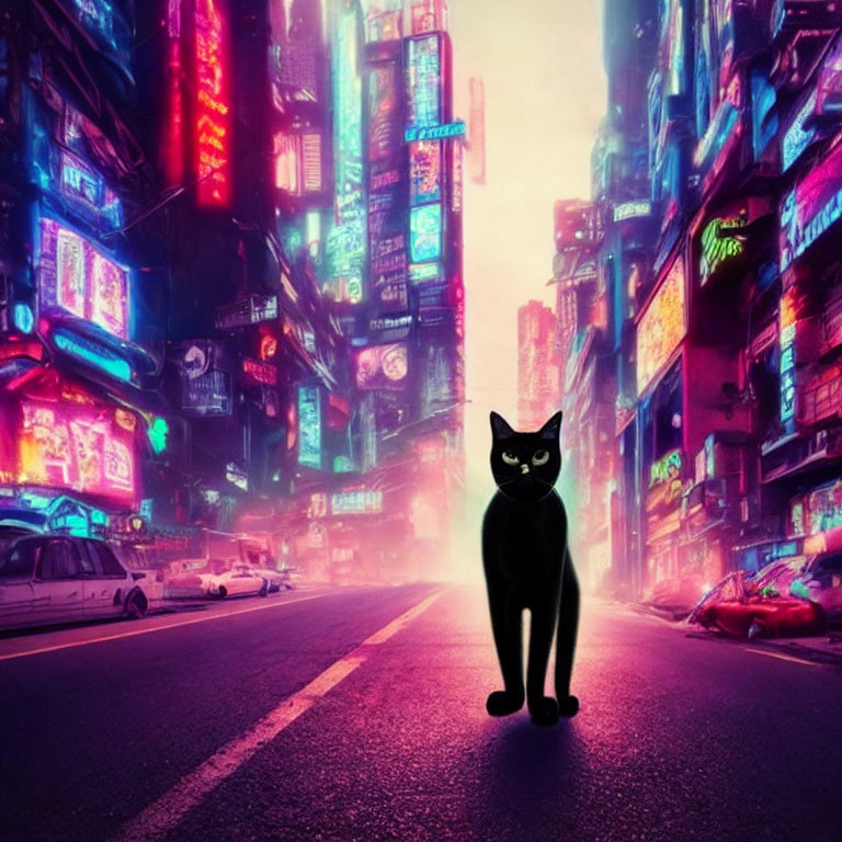 Black cat in neon-lit urban street at dusk