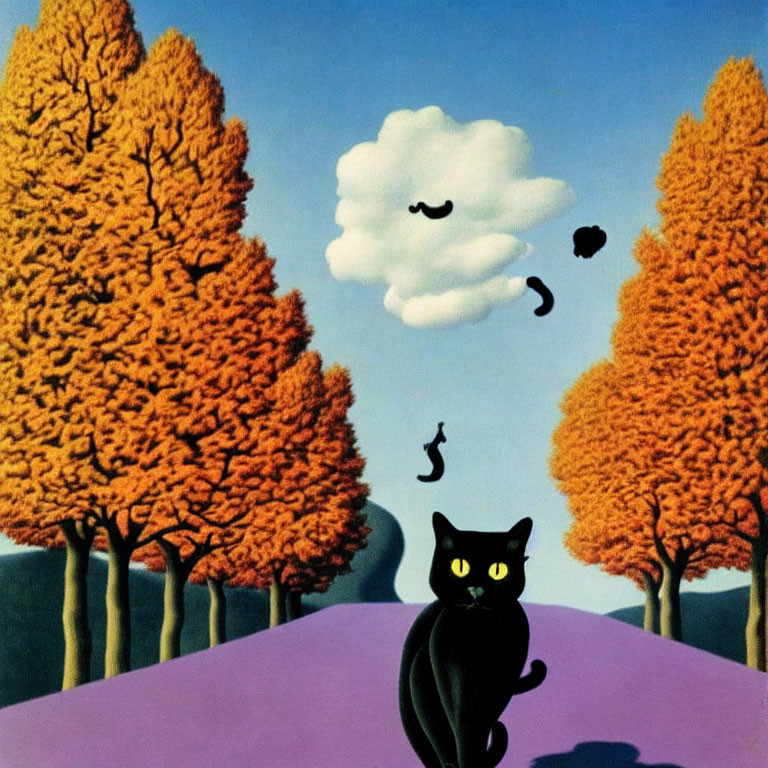 Surrealist landscape with black cat, cloudy shape, and orange trees