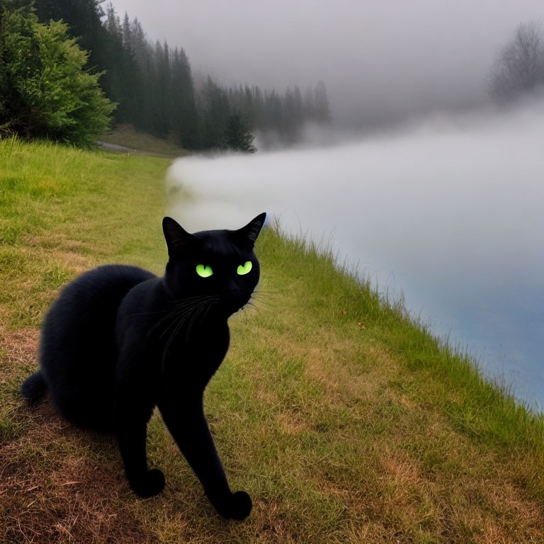 Black cat with green eyes by misty lake on grassy bank