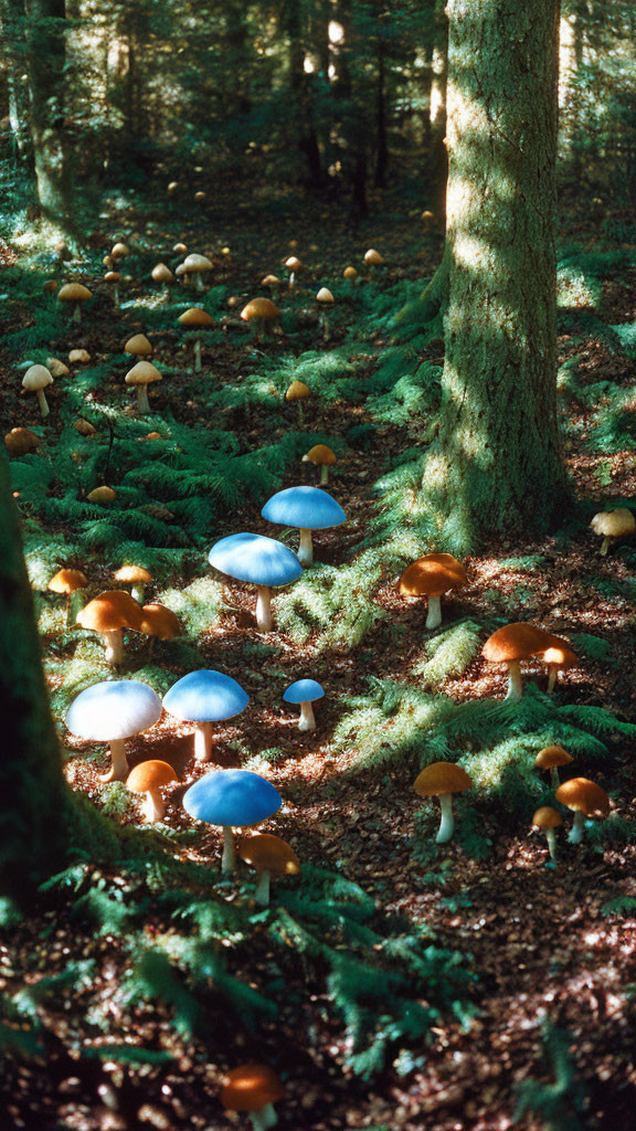 Forest Floor with Sunlight and Mushrooms: Blue Caps Among Browns