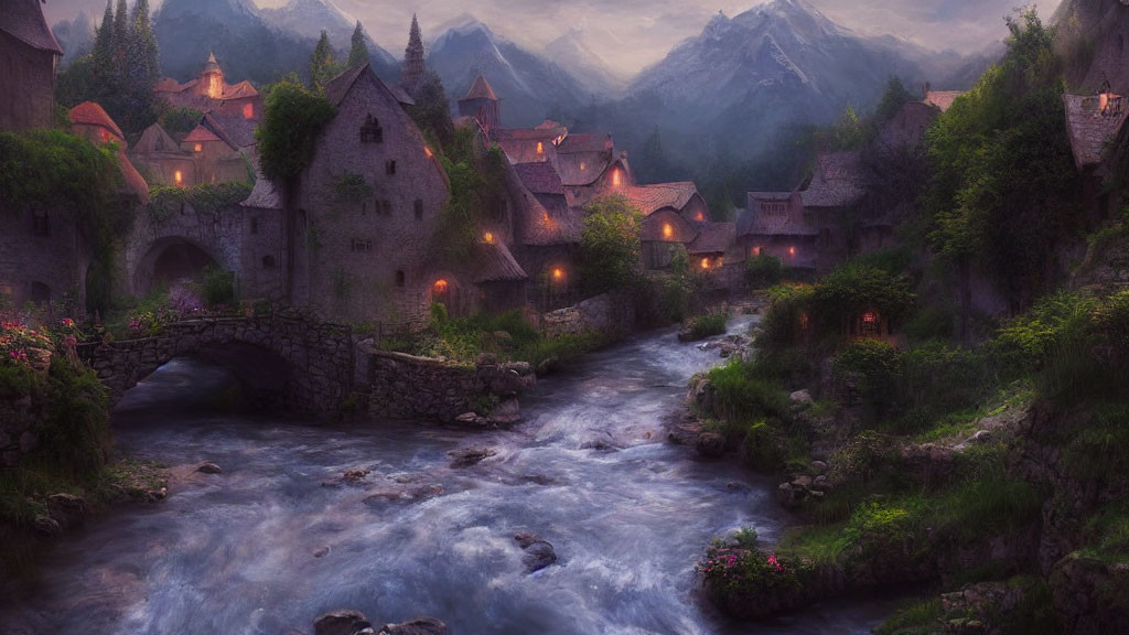 Twilight scene of old village with stone houses, river, mountains