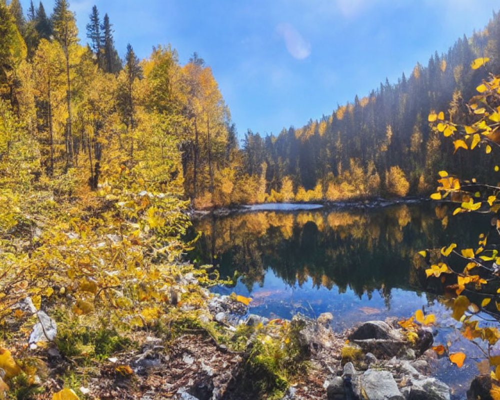 Autumnal mountain lake scene with colorful trees and clear blue sky