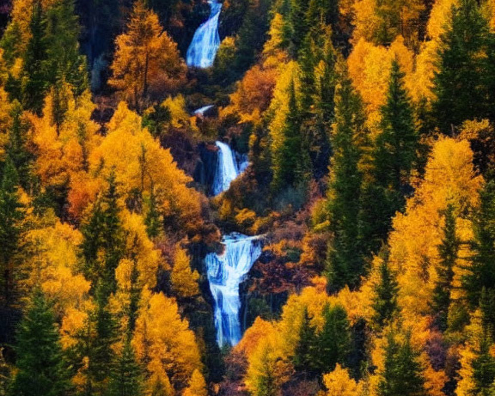 Autumn waterfall in dense forest with vibrant foliage