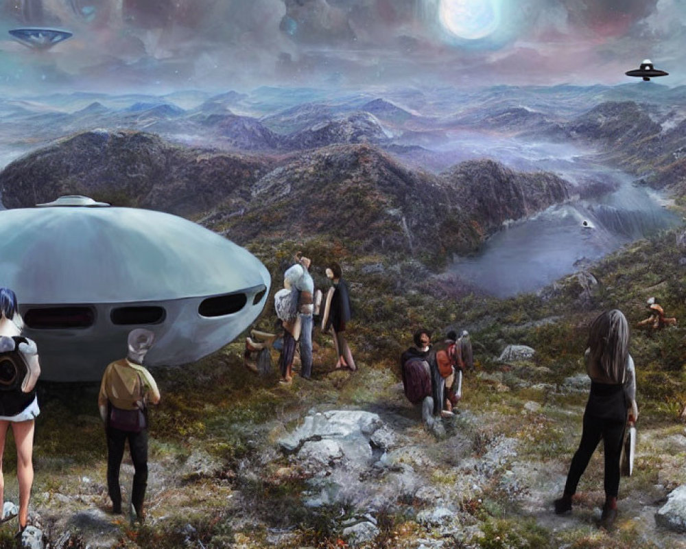 Group of people observing flying saucers in rugged landscape