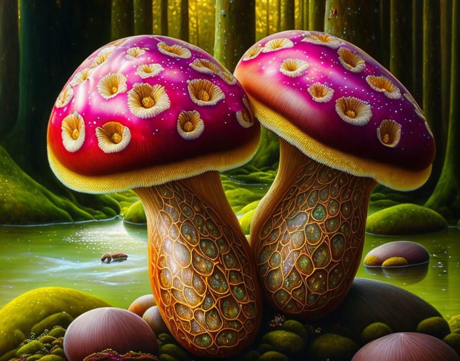 Vibrant fantastical mushrooms with starry caps and intricate stems in lush green forest