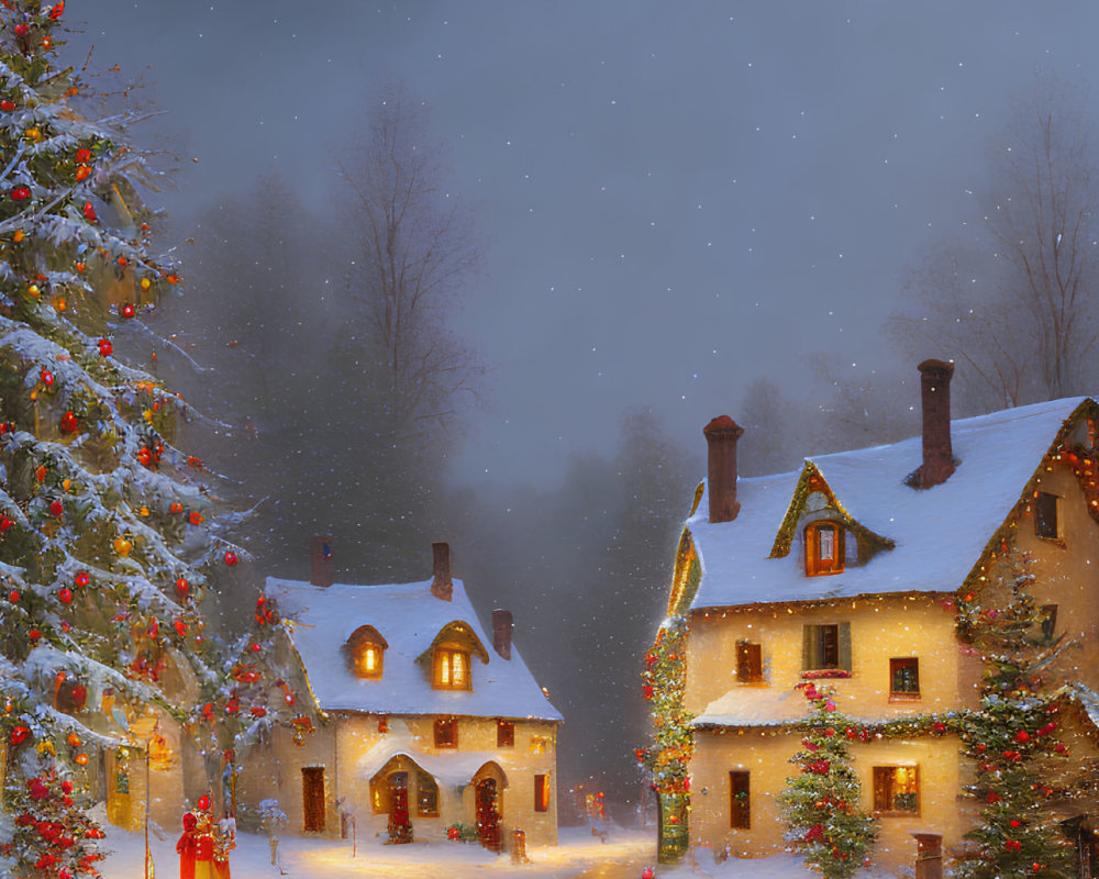 Winter Scene: Snowy Village, Christmas Trees, Lit Houses, Person in Red Coat, Dog