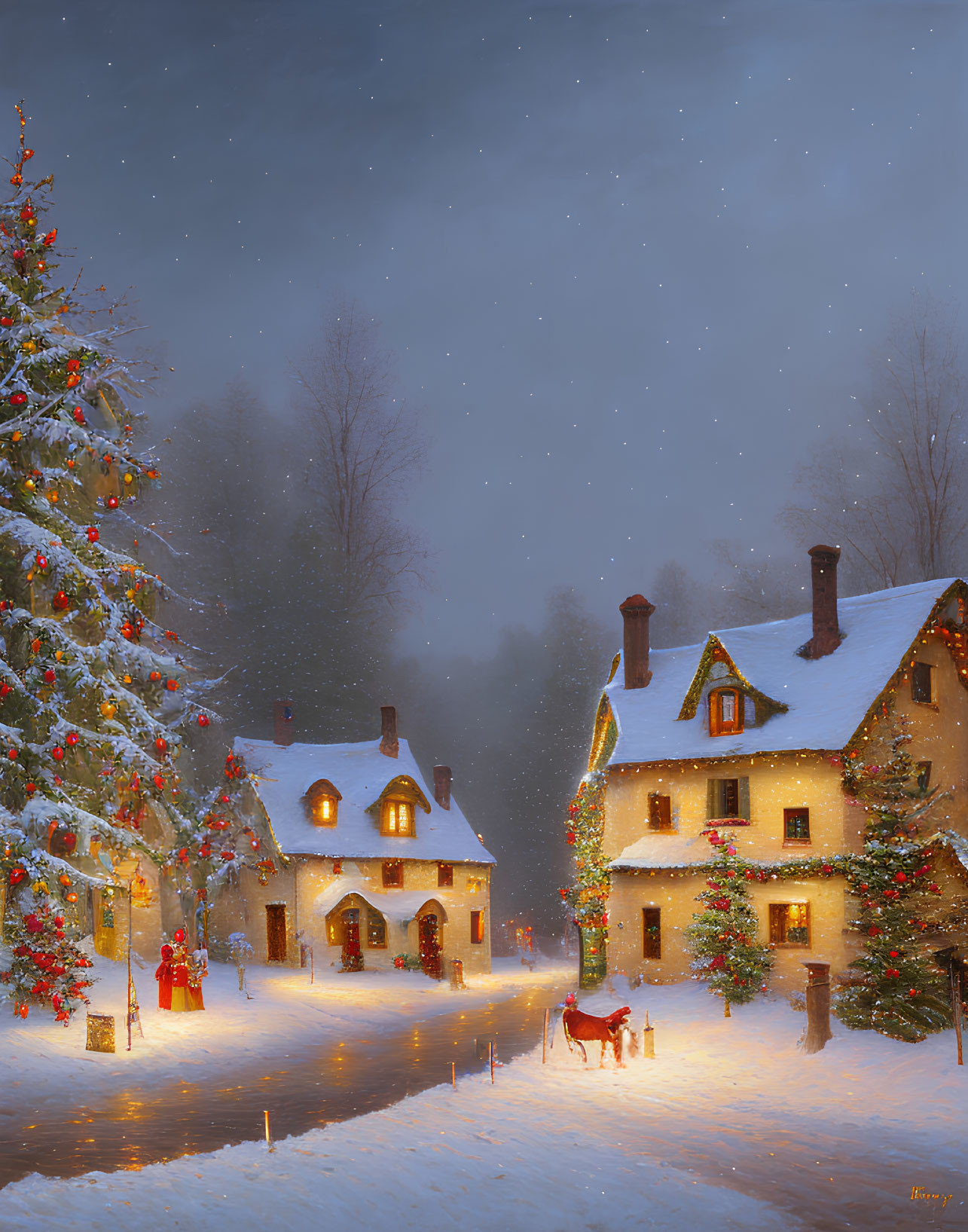 Winter Scene: Snowy Village, Christmas Trees, Lit Houses, Person in Red Coat, Dog