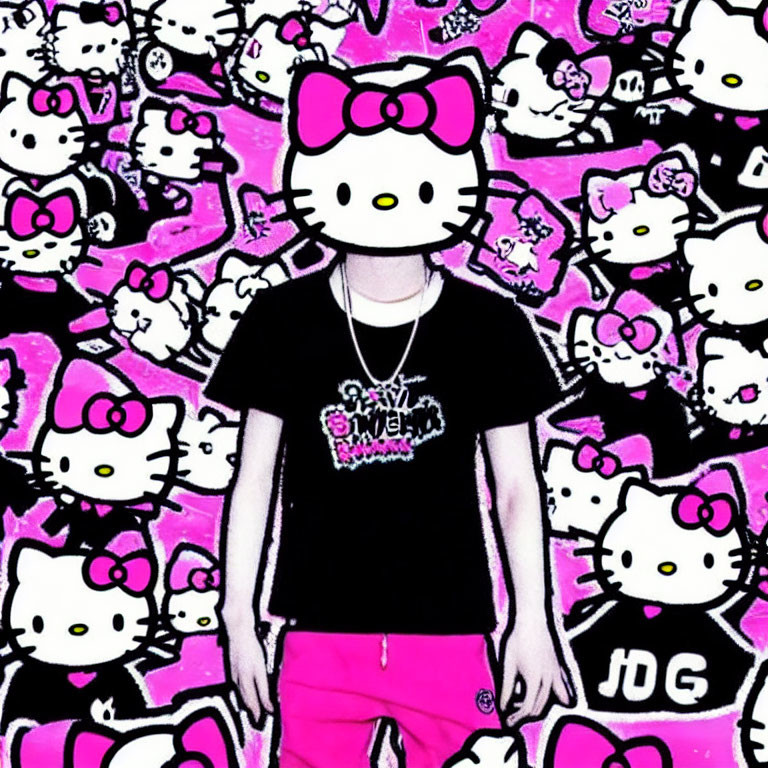 Person with edited Hello Kitty head in black shirt and pink pants on pink background filled with Hello Kitty graphics