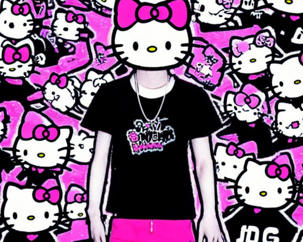 Person with edited Hello Kitty head in black shirt and pink pants on pink background filled with Hello Kitty graphics
