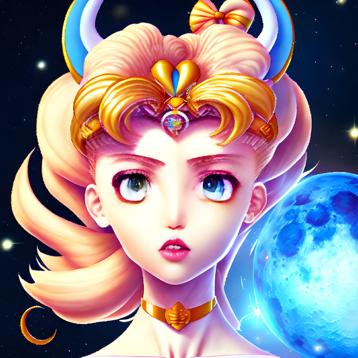 Illustrated character with golden hair and moon earrings in starry space.