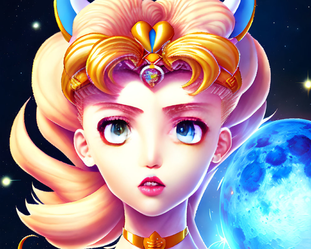 Illustrated character with golden hair and moon earrings in starry space.