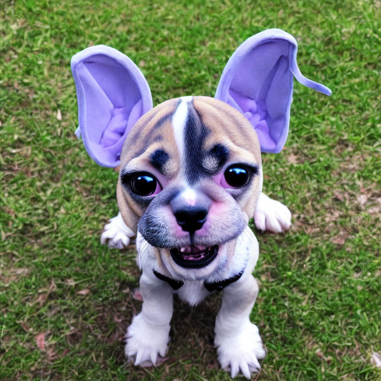 Small Dog with Digitally Altered Ears on Grass Background