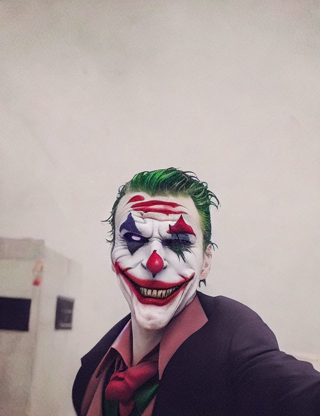 Smiling person in Joker makeup and costume portrait