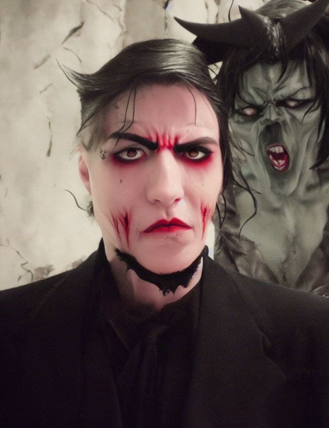 Dark makeup with red eyes, black horns, and blood-like drips, posing with a creature.