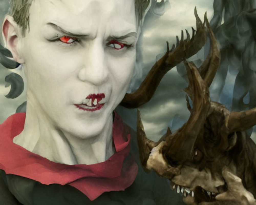 Male figure with red eyes holding monstrous skull in gloomy setting