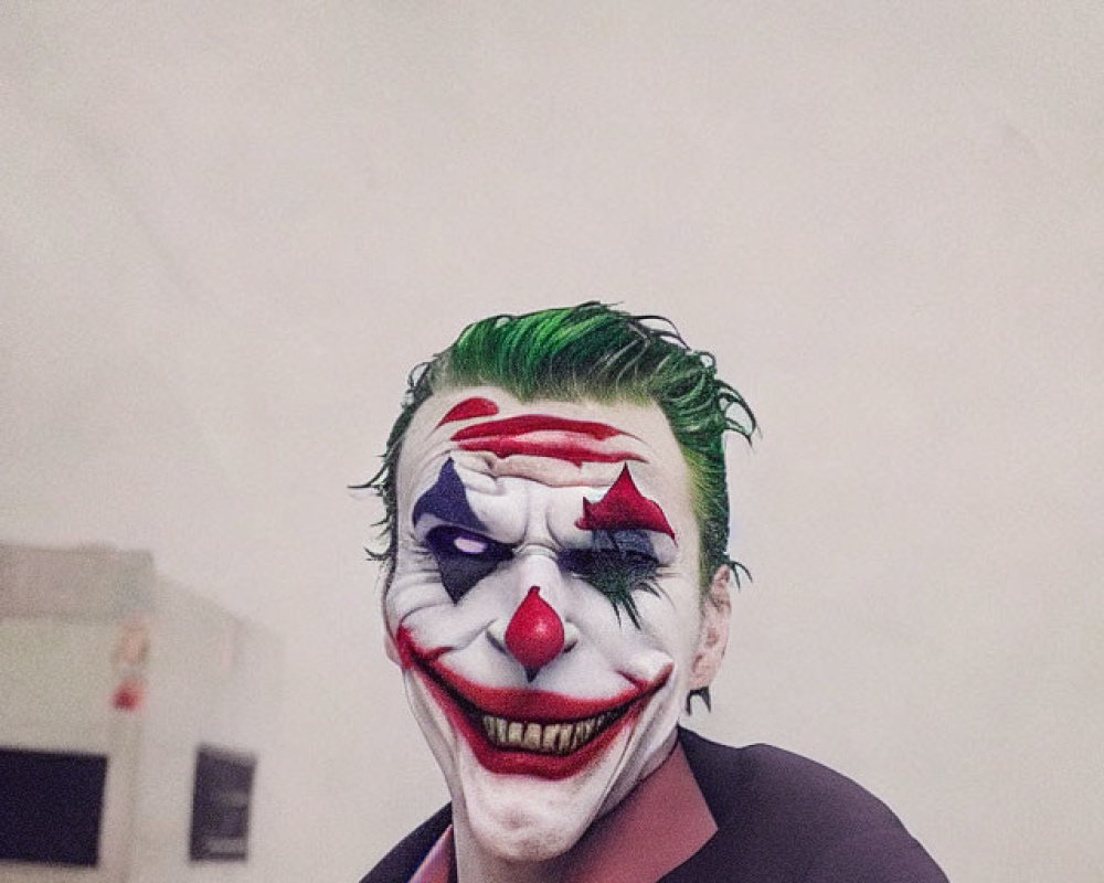Smiling person in Joker makeup and costume portrait
