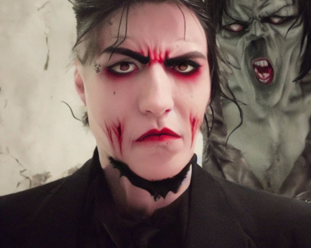 Dark makeup with red eyes, black horns, and blood-like drips, posing with a creature.