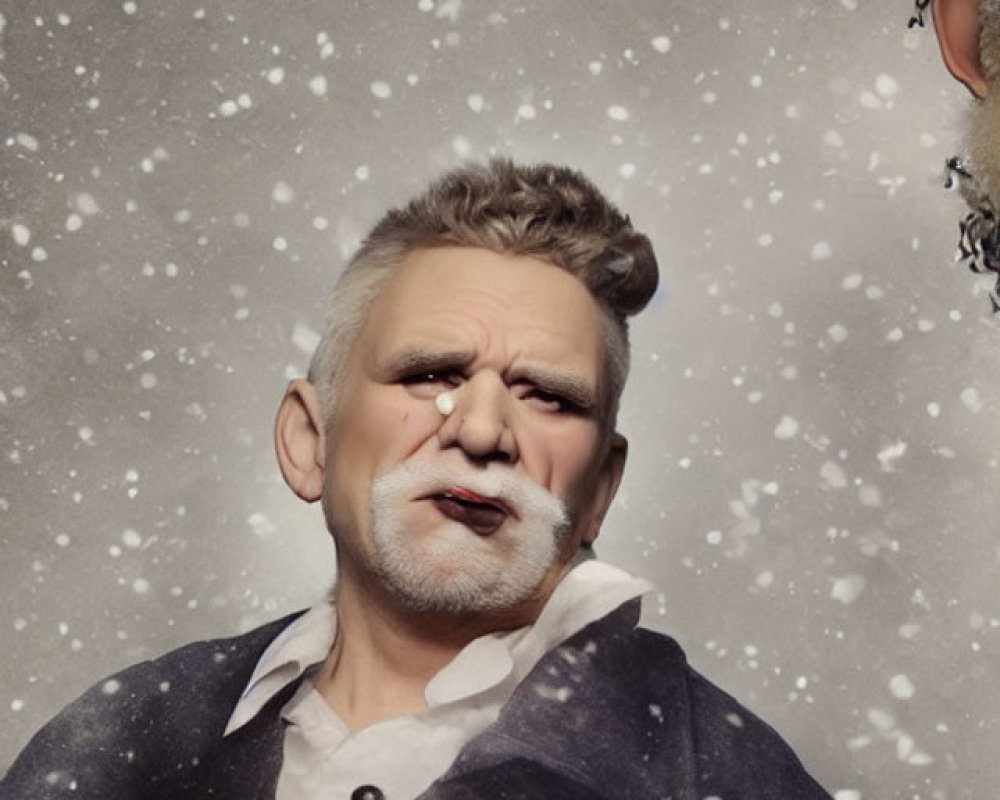 Elderly man with grey hair in dark coat under falling snowflakes