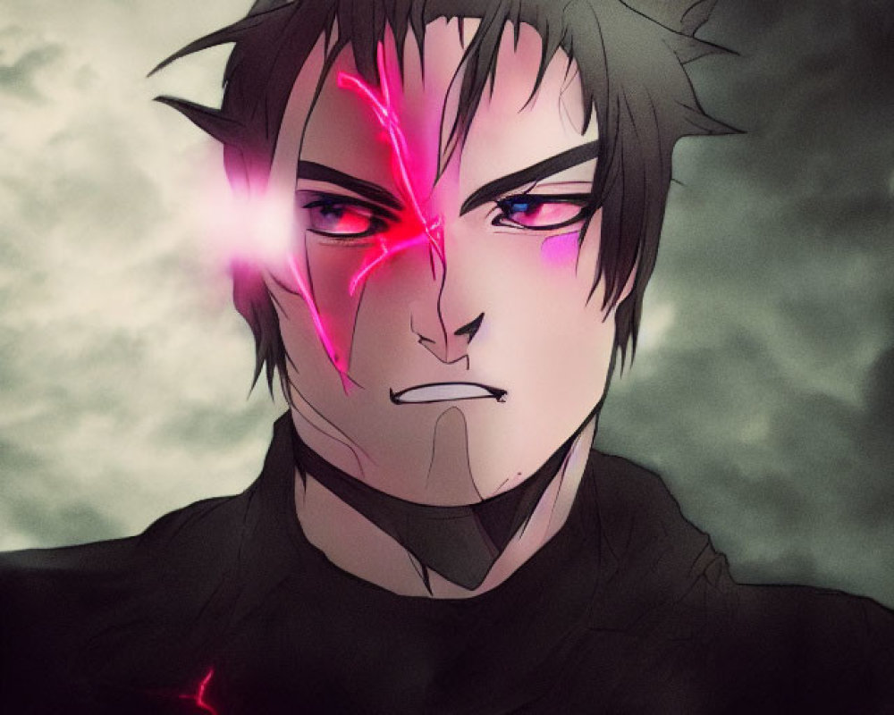 Dark-haired male figure with glowing red eyes and scar in stormy setting