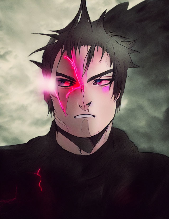 Dark-haired male figure with glowing red eyes and scar in stormy setting