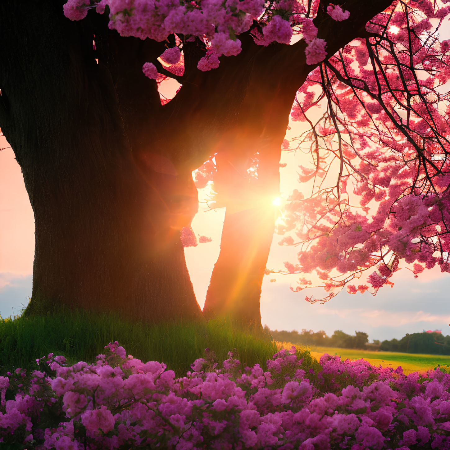 Vibrant spring landscape with sunset behind large tree and pink blossoms