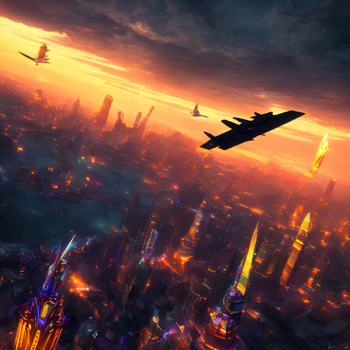 Futuristic cityscape with flying vehicles and neon-lit skyscrapers at sunset