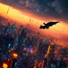 Futuristic cityscape with flying vehicles and neon-lit skyscrapers at sunset