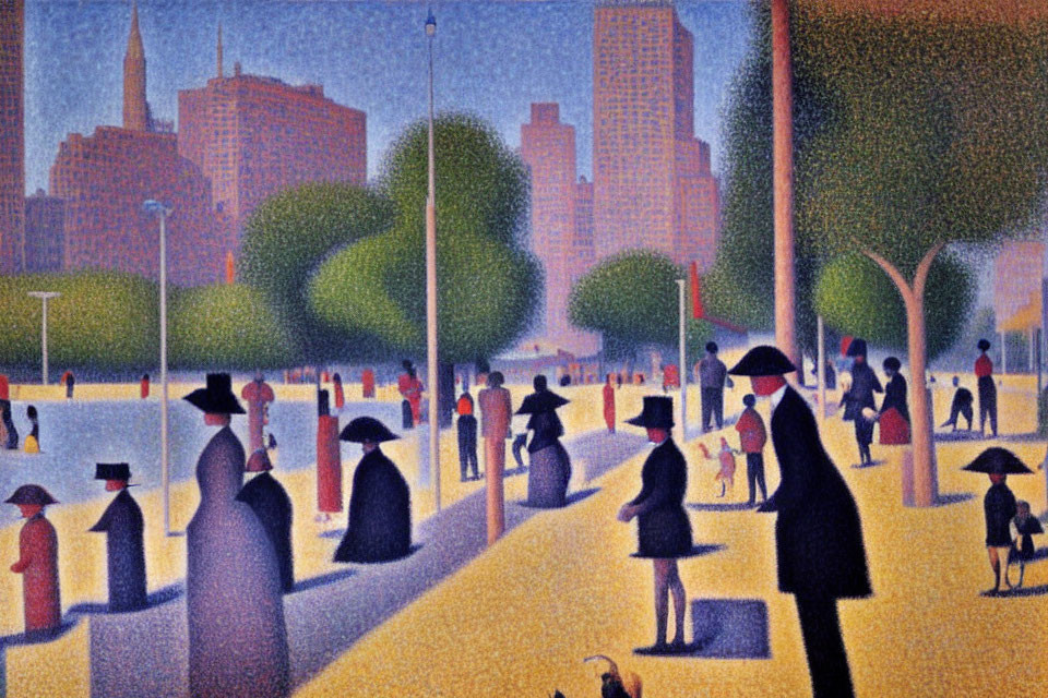 Vibrant painting of stylized figures in urban park with skyscrapers on sunny day