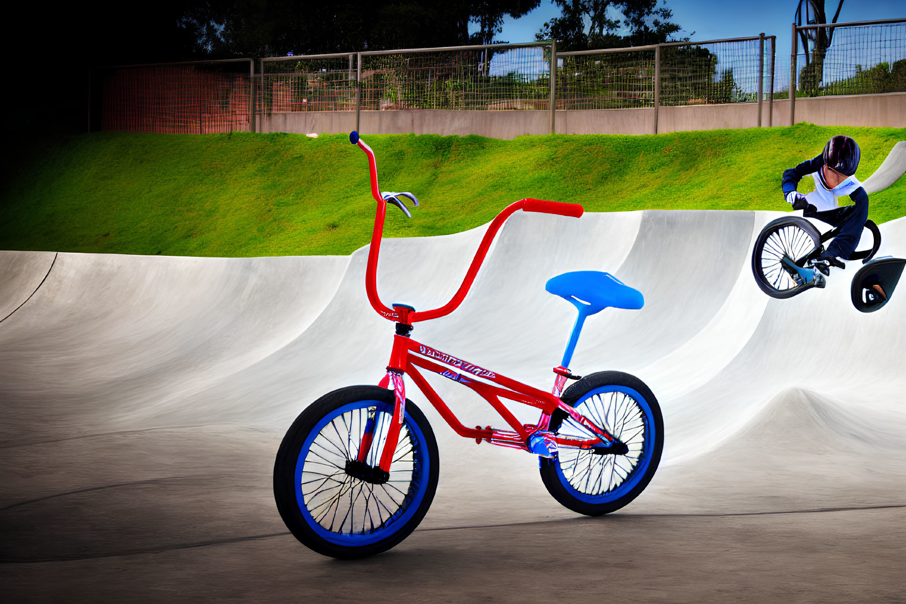 Vibrant red BMX bike at skate park with rider performing stunts