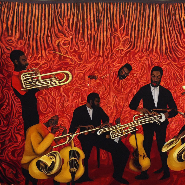 Colorful Jazz Band Painting with Musicians Playing Trombones and Double Bass