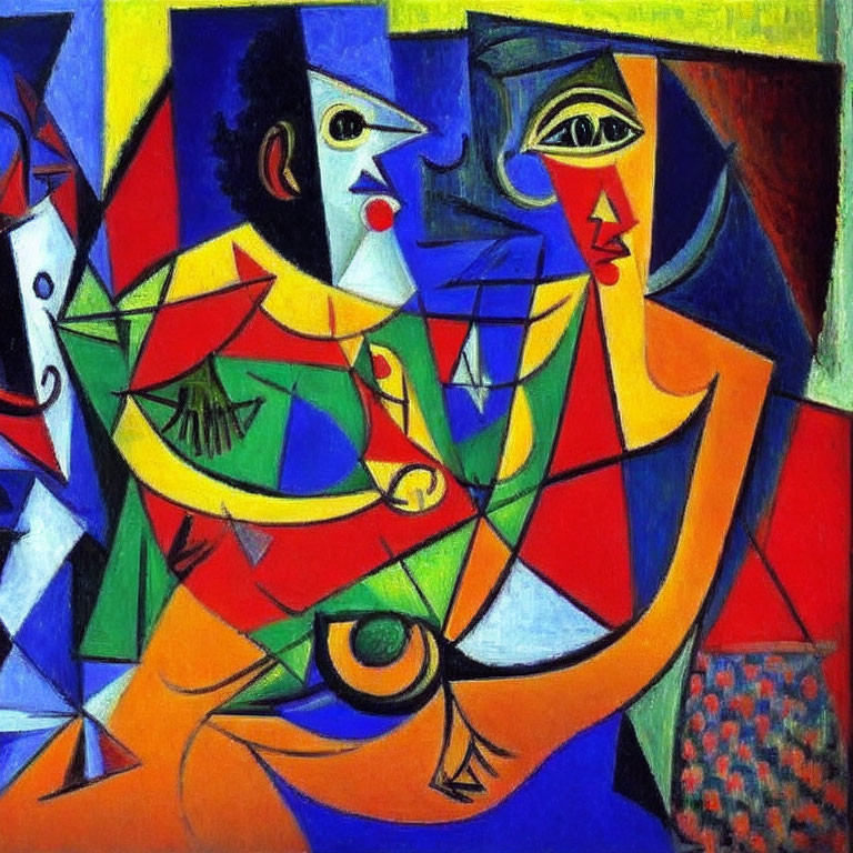 Colorful Cubist Painting of Two Geometric Faces in Red and Blue