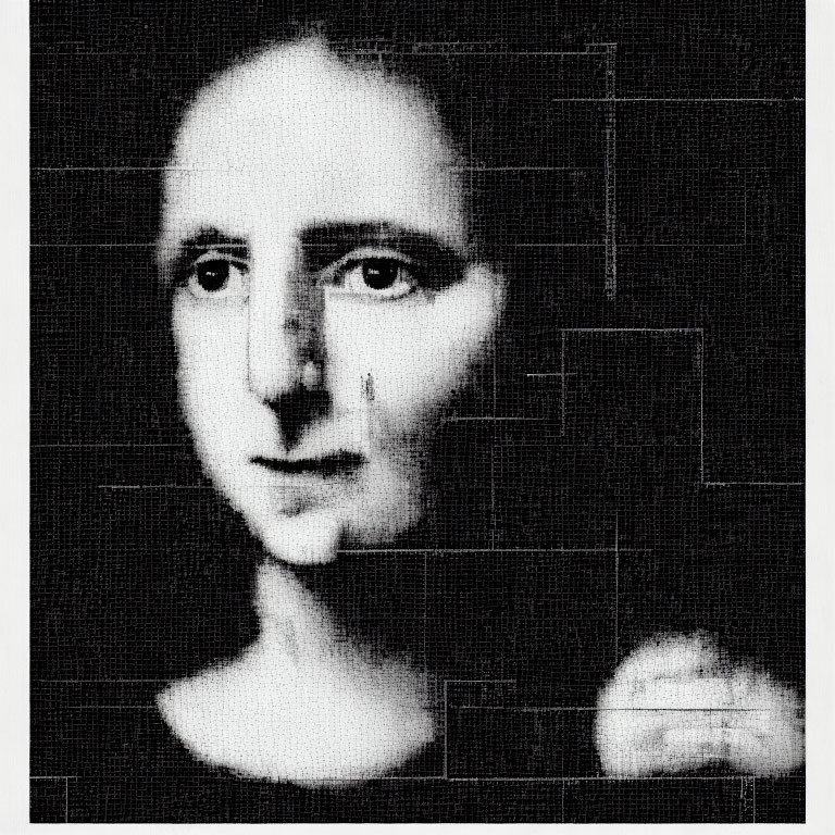 Monochrome pixelated Mona Lisa with glitch effects