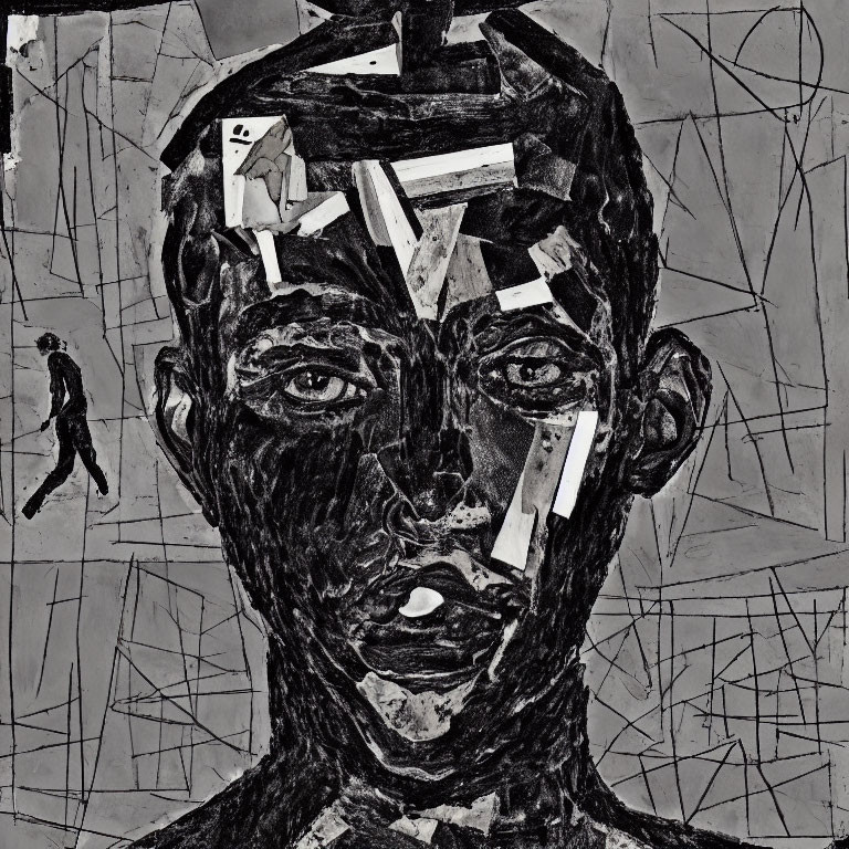 Monochrome abstract painting of human figure with geometric shapes