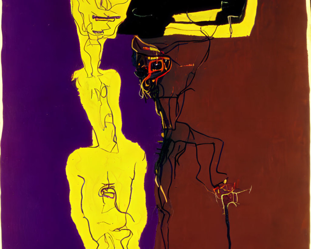 Distorted figures in abstract painting on purple and brown background