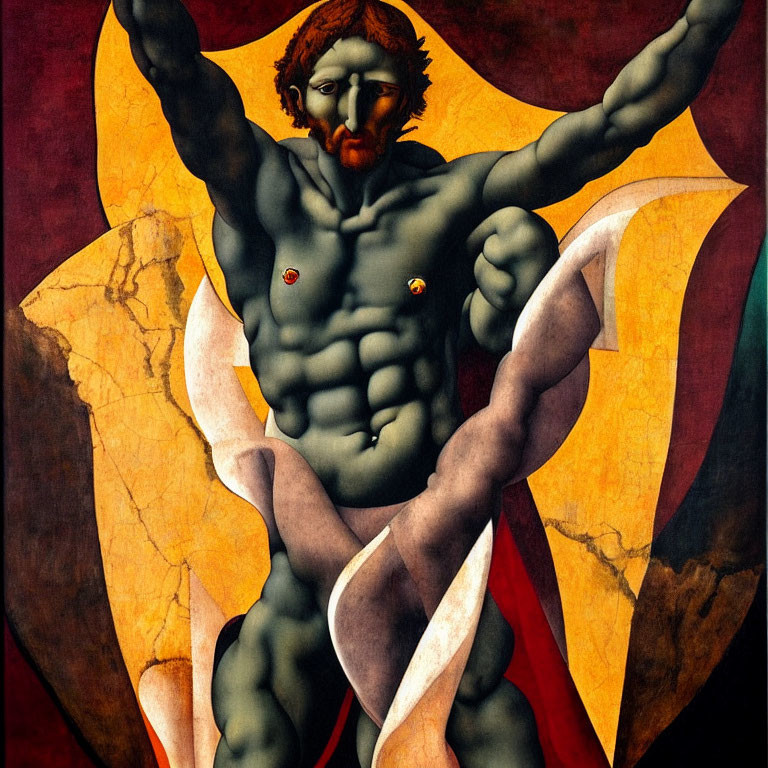 Muscular male figure with outstretched arms and abstract wings in vibrant colors