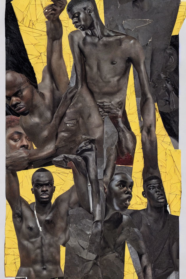 Collage of Overlapping Figures on Yellow and Grey Background