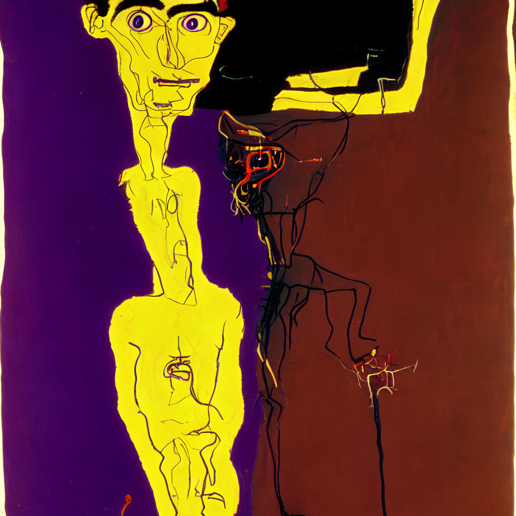 Distorted figures in abstract painting on purple and brown background