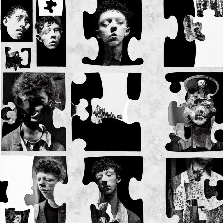 Black and White Puzzle Piece Collage of Young Man with Artistic Inserts