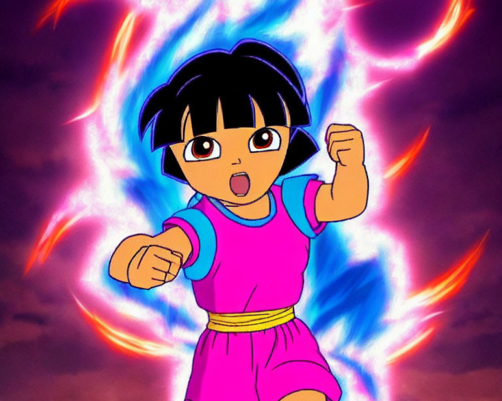 Animated character with black hair in pink and blue outfit, striking a pose against fiery energy swirls.