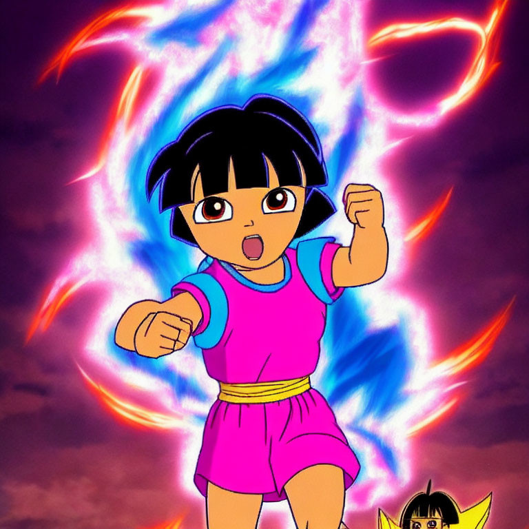 Animated character with black hair in pink and blue outfit, striking a pose against fiery energy swirls.