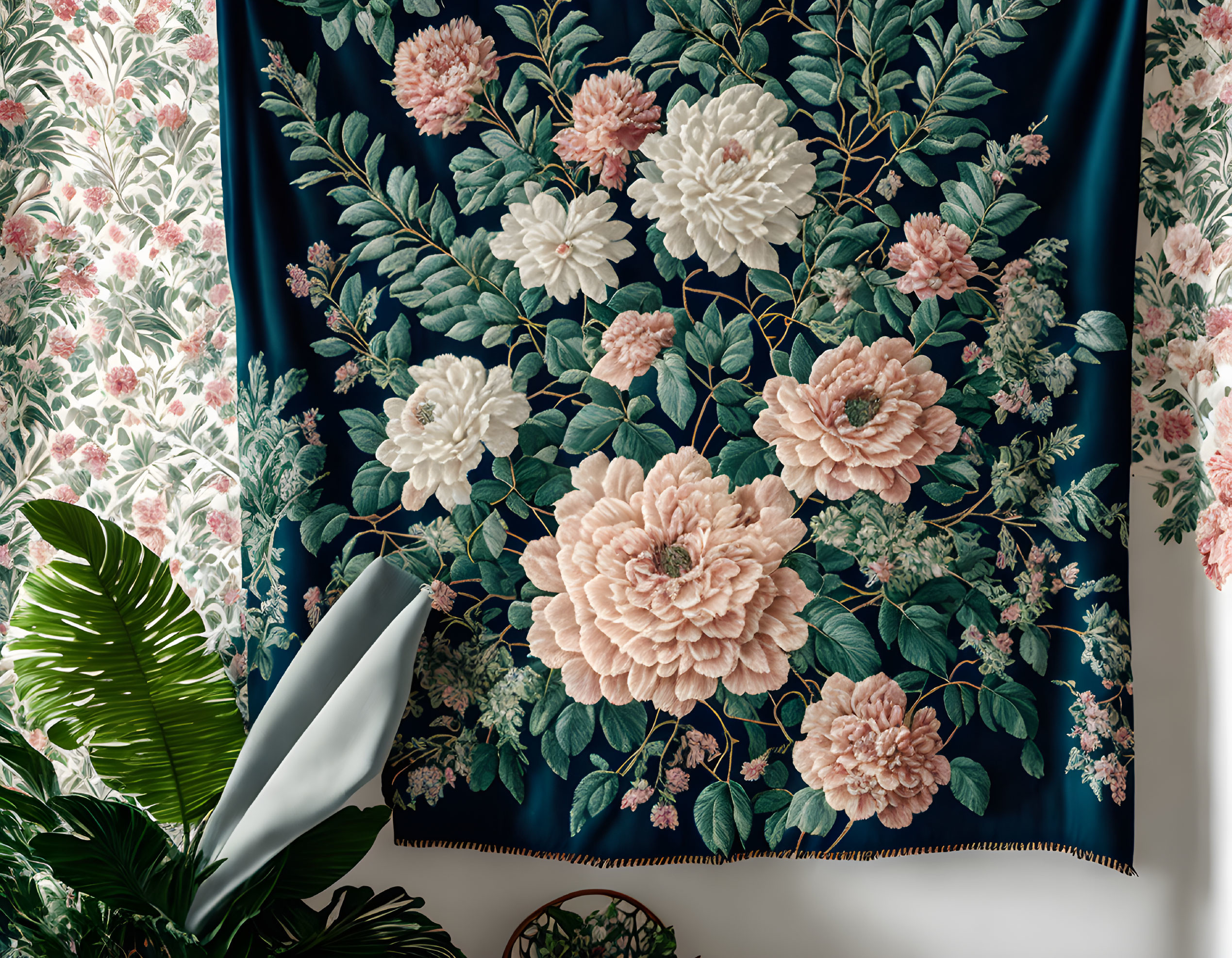 Luxurious Floral Curtain with Pink Blooms and Potted Plant Beside