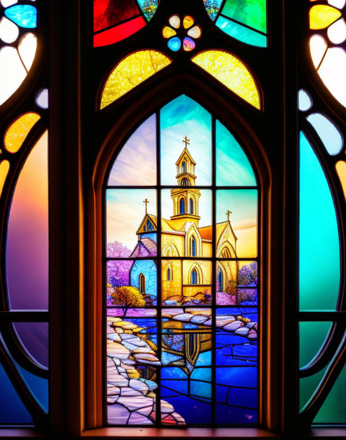 Colorful Stained Glass Window of Church with Spires and Pathway