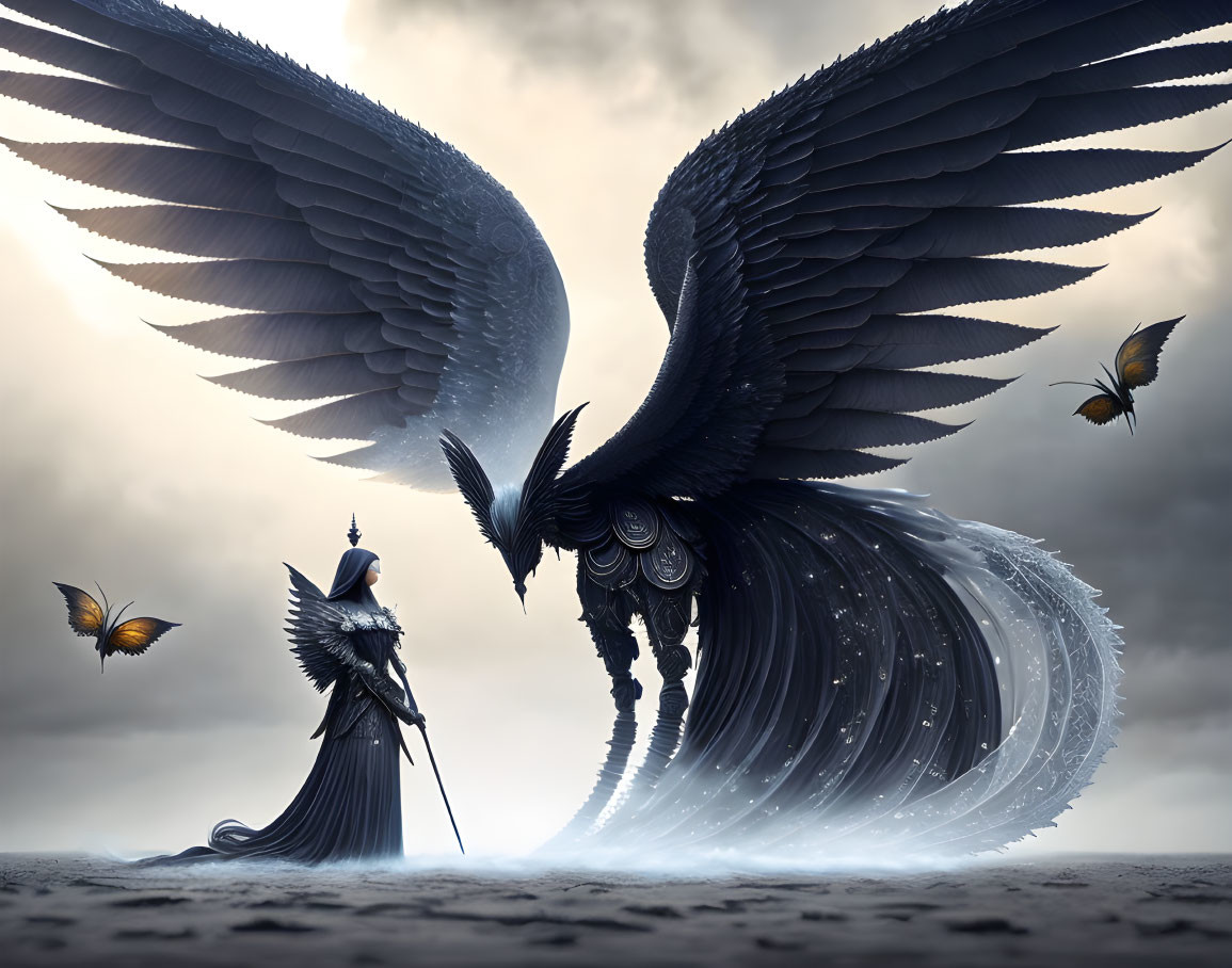 Winged knight confronts large creature in dramatic sky